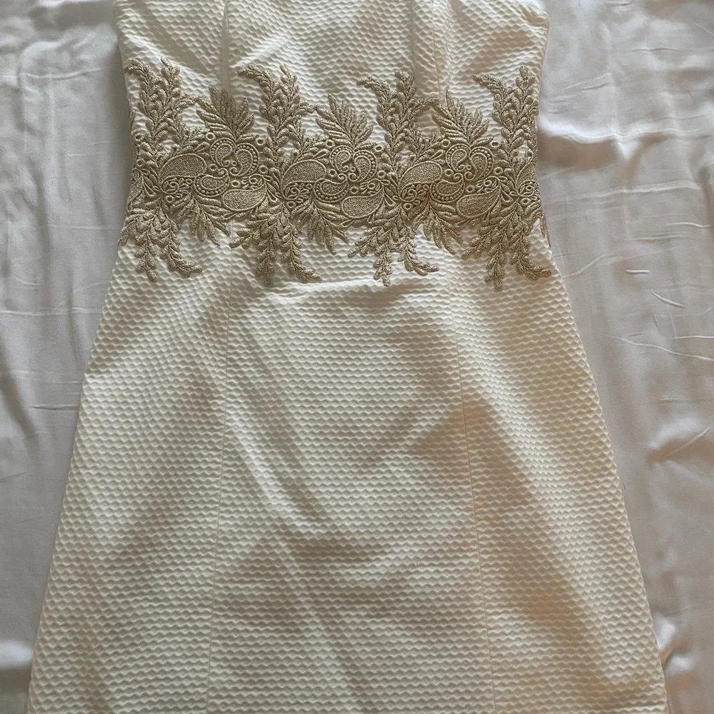 Lilly Pulitzer Strapless Textured White Dress with Gold Embroidery - Picture 2 of 9